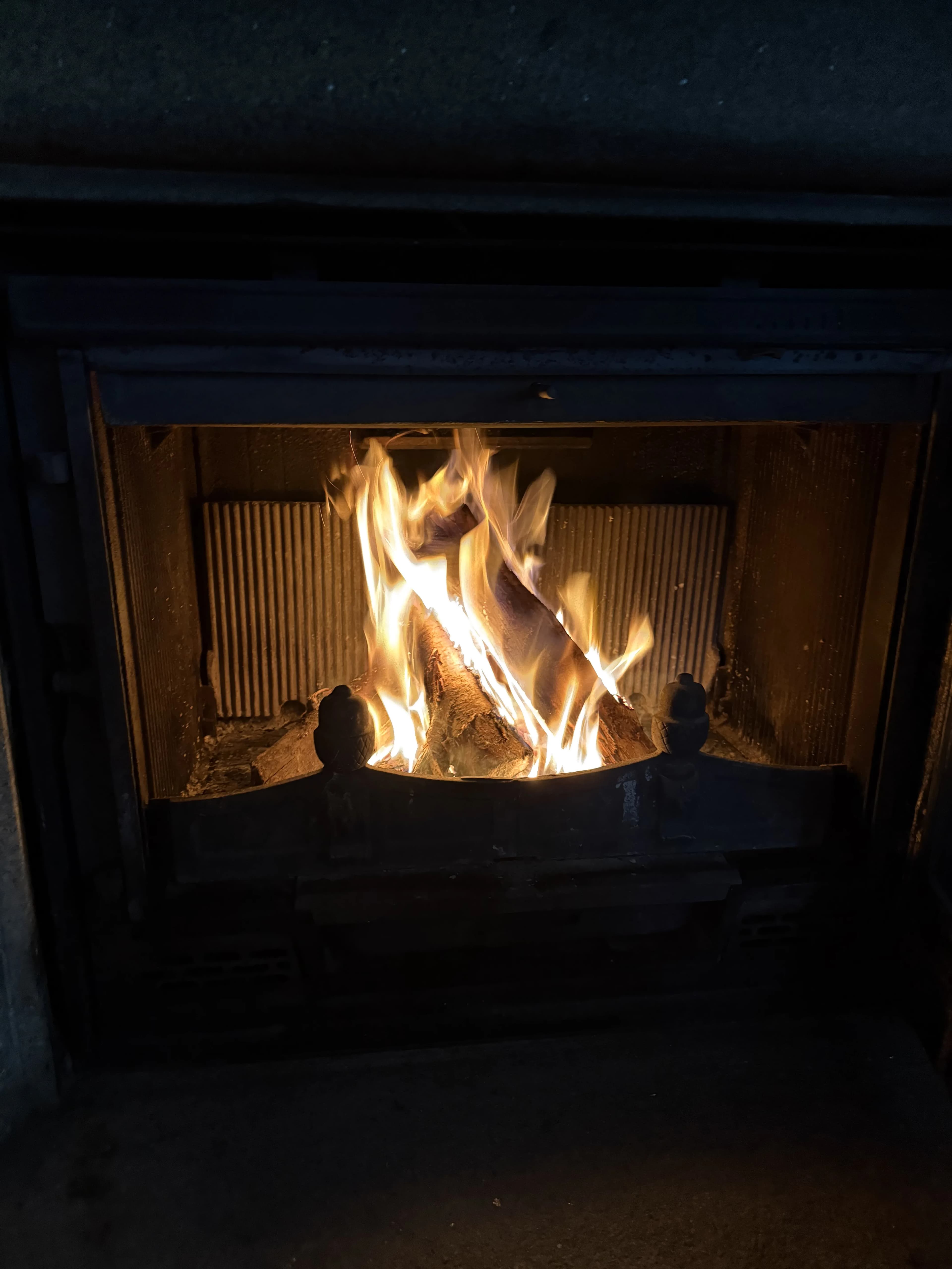 Chimenea encendida en el salón de O Lar do Carpinteiro, casa rural en Galicia